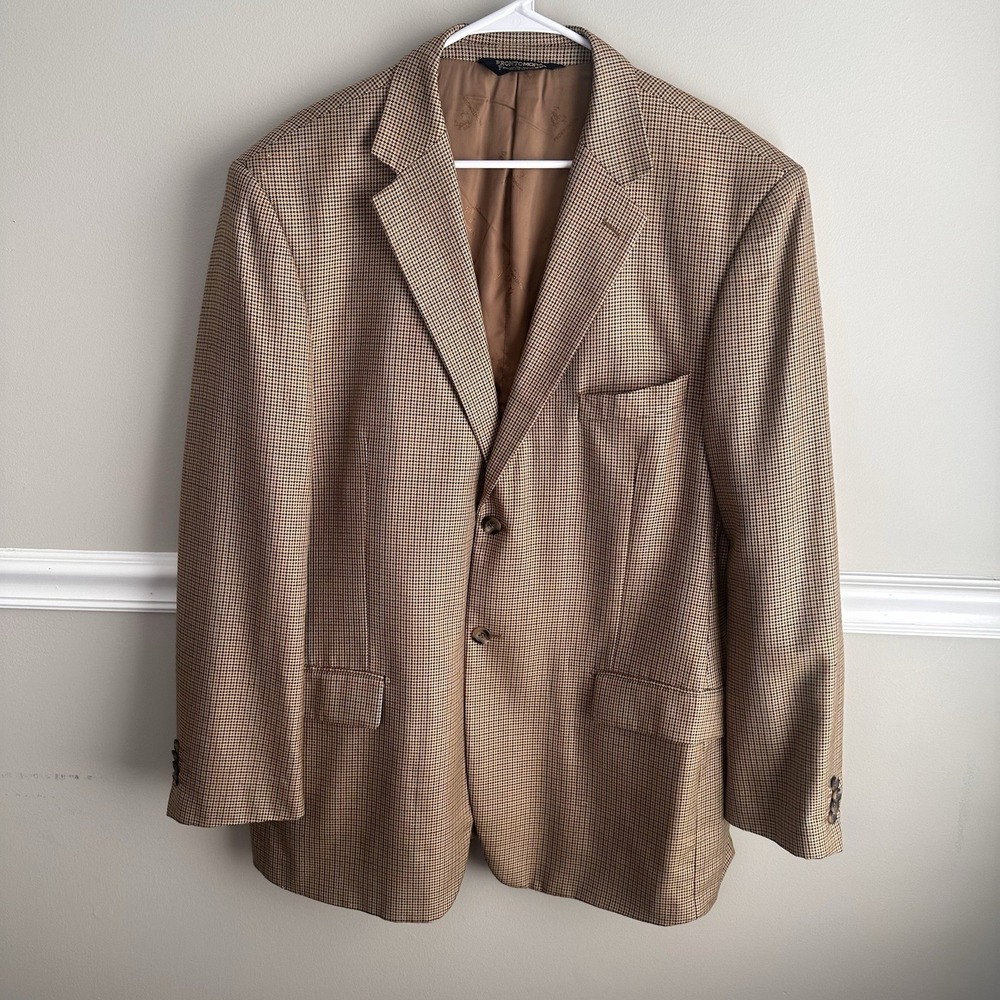 ProntoModa Italia Lana Lux Silk Wool Brown Houndstooth Blazer Sport Coat 46L